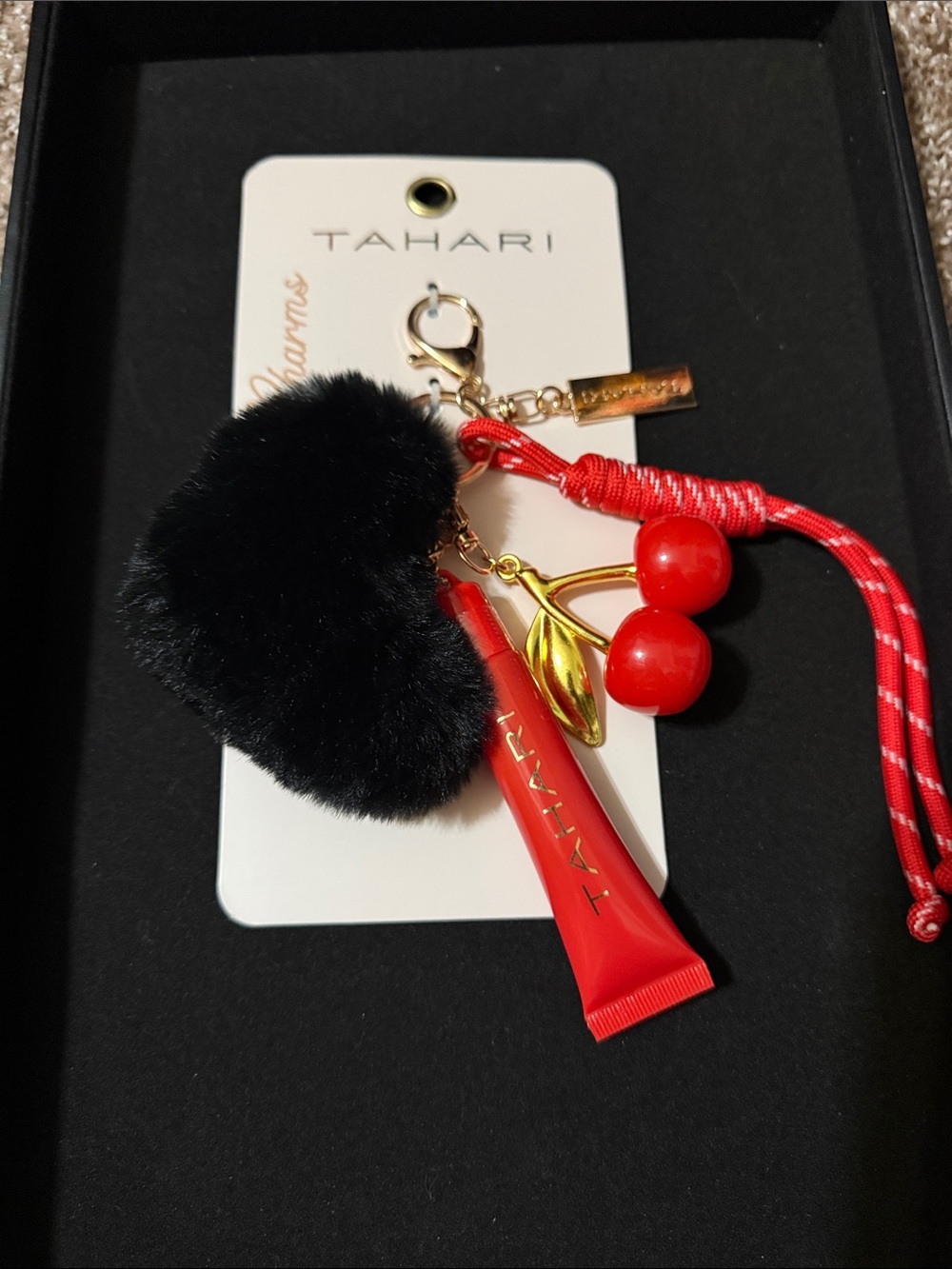 New! Tahari Red Cherry Pom Keychain Charm